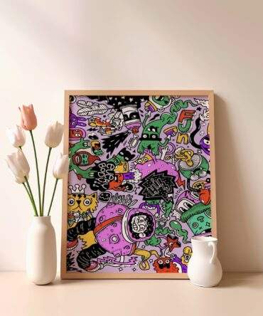 Floating Doodles Astronaut In Chaos Neon Aliens Matte Poster Print