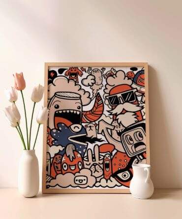 Notebook Doodle Art Red And Beige Cartoon Bold Lines Matte Poster Print